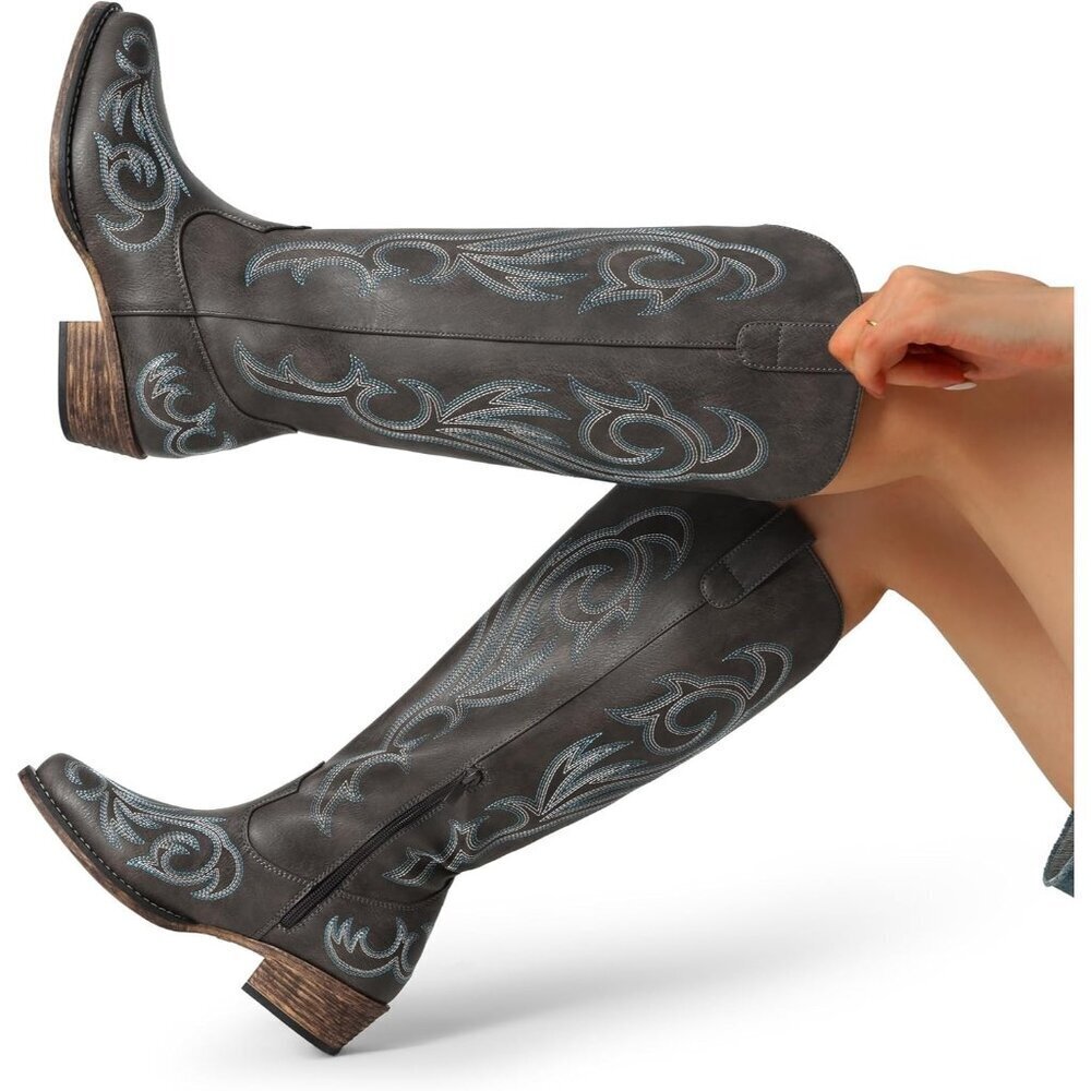 Women's Dark Brown Embroidered Cowboy Boots Comfortable Cowgirl Knee High Boots - Picture 7 of 8